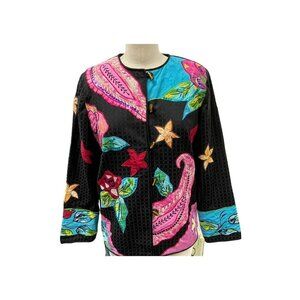 Alex Kim‎ Black Jacket With Colorful Floral Embroidery Sequin Details Size Small